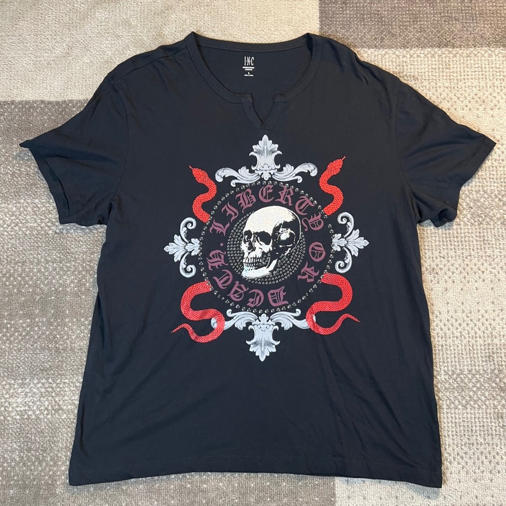 INC Mens Skull Snake Graphic T-Shirt Black Cotton Notch Neck Large